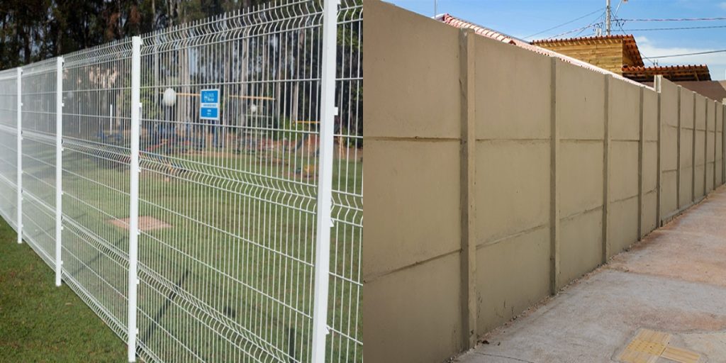 A imagem mostra um exemplo de um muro de concreto e um muro de gradil.